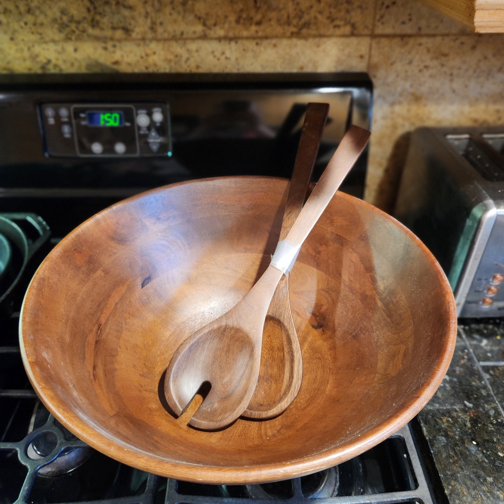Wooden Salad Bowl with Serving Utensils